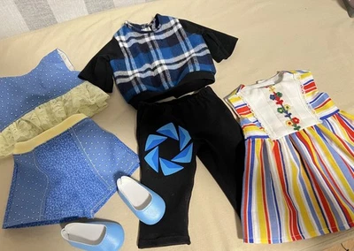 6 pc BLUE LOT w/ SHOES top, dress, shorts +- made  for 18" American Girl Doll - Image 1 of 4