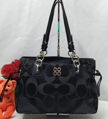 Borsa a tracolla Coach Signature tela nera doppia maniglia