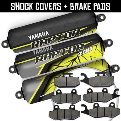Front Rear Yellow Shock Covers+Brake Pads for Yamaha Raptor 700 R SE 2006-2012 - Image 1 of 4