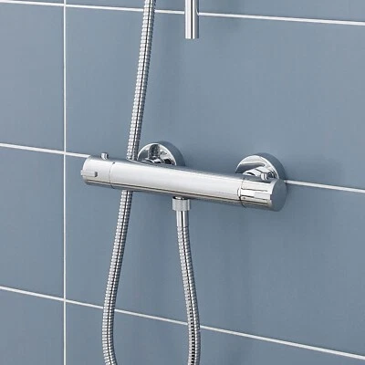 NUIE Bathroom Thermostatic Exposed Bar Mixer Shower Valve Bottom Outlet 1/2" Chrome