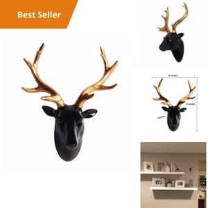 Faux Glossy Deer Head Wall Mount Decor Black with Gold Antlers 12" Tall - Picture 1 of 5