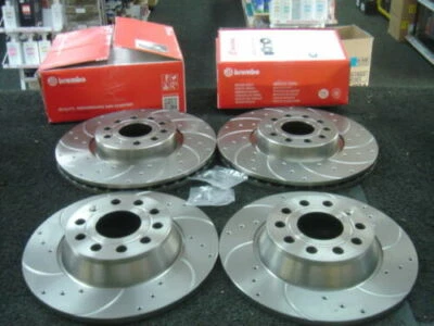 PERFORMANCE DRILLED AND CURVED GROOVED FRONT REAR BREMBO BRAKE DISCS SET NEW - Image 1 of 3