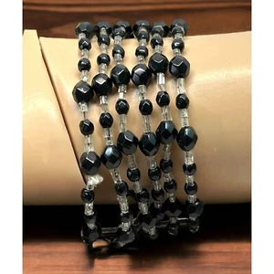 Vintage Multi Strand Beaded Bracelet Black Clear Beads 8 Inch - Picture 1 of 7
