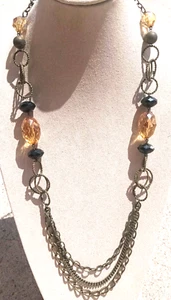 Topaz Colored Chunky Bead Bronze Chain Link Sweater Necklace - Picture 1 of 2