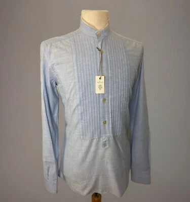 ELEVENTY Blue Mandarin Collar Pleated Bib Cotton & Blend Fitted Shirt RRP: £230 - Imagem 1 de 4