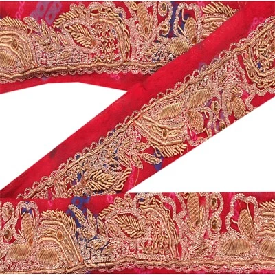 Sanskriti Vintage 1Yd Bandhani Sari Craft Border Hand Beaded Trim Ribbon Lace - Image 1 of 4
