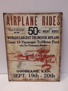 Airplane Rides Trimotor Biplane Secrist Bros Flying Circus Retro Metal Tin Sign - Picture 1 of 7