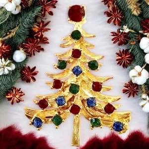 Weihnachtsbaum Vintage Brosche Anstecknadel Strass Krappen Set Mehrfarbig - Bild 1 von 11