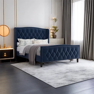 Full/Queen Size Upholstered Platform Bed Frame w/ Upholstered Headboard Blue - Picture 1 of 19