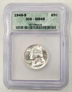 1948-S Washington Silver Quarter 25C ICG MS65 GEM BU etichetta verde - Foto 1 di 2
