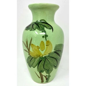 Mexican Pottery Vase, Bright Green Hand Painted Leaves & Yellow Flowers 6" - Picture 1 of 6
