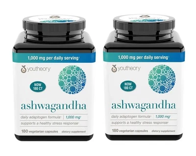 2 X Youtheory Ashwagandha 1000 mg, 180 Vegetarian Capsules Exp: 05/27 - Image 1 of 4