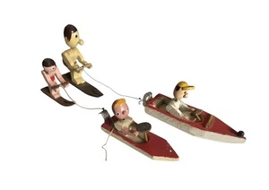 Hand Carved Boat & Skier Made In Japan Set Of 2 VTG 1940/Cake Toppers - Picture 1 of 13