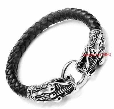 Хип-хоп из нержавеющей стали дракон подвески черный кожаный мужской браслет браслет 8,66'' - Изображение 1 из 2