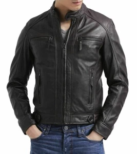 New Men's Black Leather Side Loop Jacket 100% Soft Lambskin Moto Biker Jacket - Picture 1 of 4