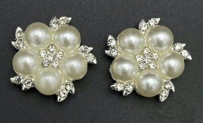 Silver Crystal Rhinestone Buttons With Ivory Pearls 2PC - Image 1 of 2