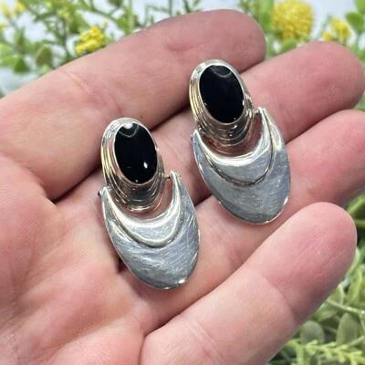 Chapal Zenray NF Sterling Silver Black Onyx Modernist Swivel Pierced Earrings EC - Image 1 of 4
