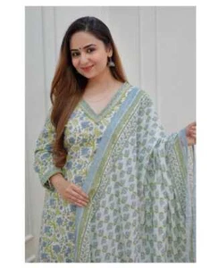 Nuevo Bollywood Mujeres Algodón Verde Estampado en Color Kurta con Pantalones Dupatta - Imagen 1 de 6
