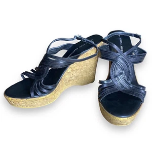 Athena Alexander Women's Lucky Sandals Black Wedge Strappy Slip On Shoes (9M) - Picture 1 of 8
