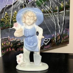 Vtg LEGO Blue Girl Planting Flowers Porcelain 4.5” Figurine Springtime Gardner - Picture 1 of 9