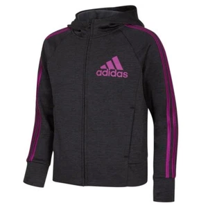 adidas Big Girls' 3-Stripe Melange Hooded Jacket BLACK WITH PURPLE LARGE NWT - Picture 1 of 2
