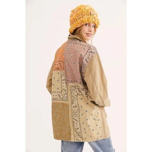 We the Free Swept Up Shirt Jacket Oversized Button Front Tan Multi Sz XS g2 - Picture 1 of 8