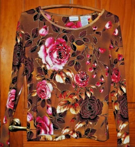 A+++ Vintage! Prettiest gold rim Roses+Chocolate leaves, Women's L, 100% cotton - Picture 1 of 4