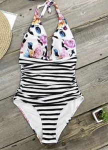 Cupshe Bold Floral And Stripe Halter Tummy Control 1 Piece Bathing Suits XL - Picture 1 of 10