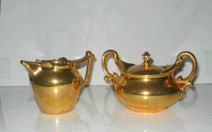 Vintage Porcelain Fancy Gold Leaf Sugar & Creamer Set Stamped Brand - Picture 1 of 8