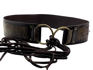 Vintage Hippie Belt Wrap Around Carved Leather with Long Leather Fringe Closure - Picture 1 of 8