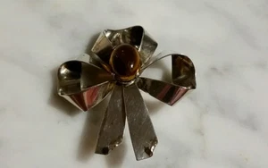 Antike große Sterling Silber Brosche in Bandform Braunglas - Bild 1 von 8