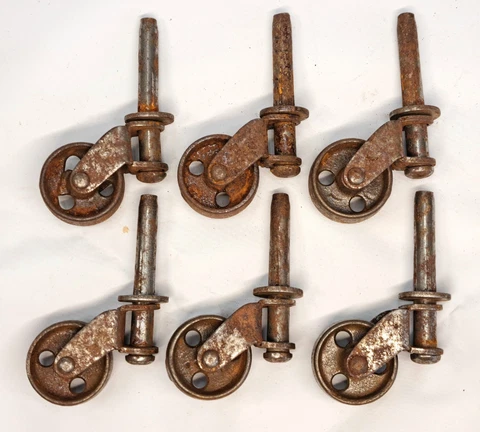 ANTIQUE SET 6 METAL CASTERS 1" WHEELS x 1-3/16" LONG STEMS x 1/4" DIAM STEMS #1 Cover