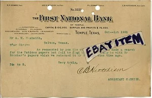 1901 Letterhead FIRST NATIONAL BANK Temple Texas HUTCHISON BURWITZ NUNNELEY 3227 - Picture 1 of 1