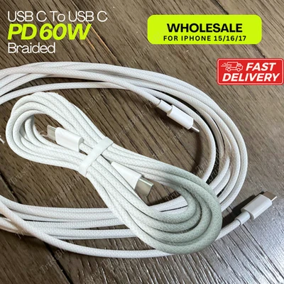 Lote de cable USB C a USB C trenzado PD 60W cargador rápido para iPhone 15/16/17 Samsung Foto 1 de 4