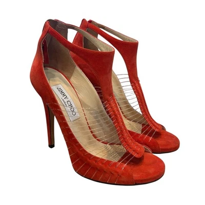 Jimmy Choo Orange Suede T-Strap Back Zip Open Toe Pumps Womens 37.5 / US 7.5 - Image 1 of 4