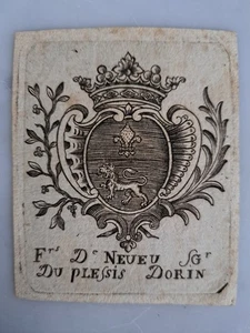 EX LIBRIS ARMORIE DE FRANCOIS DE NEVEU SEIGNEUR DU PLESSIS DORIN / XVIII e - Picture 1 of 2