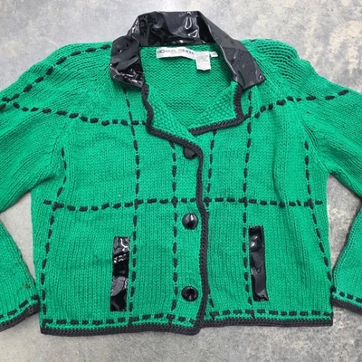 Винтажный 1994 MICHAEL SIMON зеленый черный лакированная кожа отделка вязаная куртка женщин L - Изображение 1 из 4
