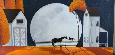 Original Art Painting Cat Horse Country Night Moon Pet Farm Landscape Stars Mod - Image 1 of 4