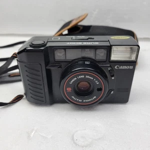 Cámara fotográfica Canon Sure Shot negra con flash incorporado enfoque automático 35 mm apuntar y disparar - Imagen 1 de 11