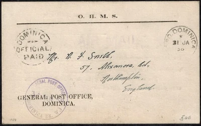 Postal Dominica 1938 OHMS con marcas oficiales pagadas y de oficina de correos generales RARA Foto 1 de 2
