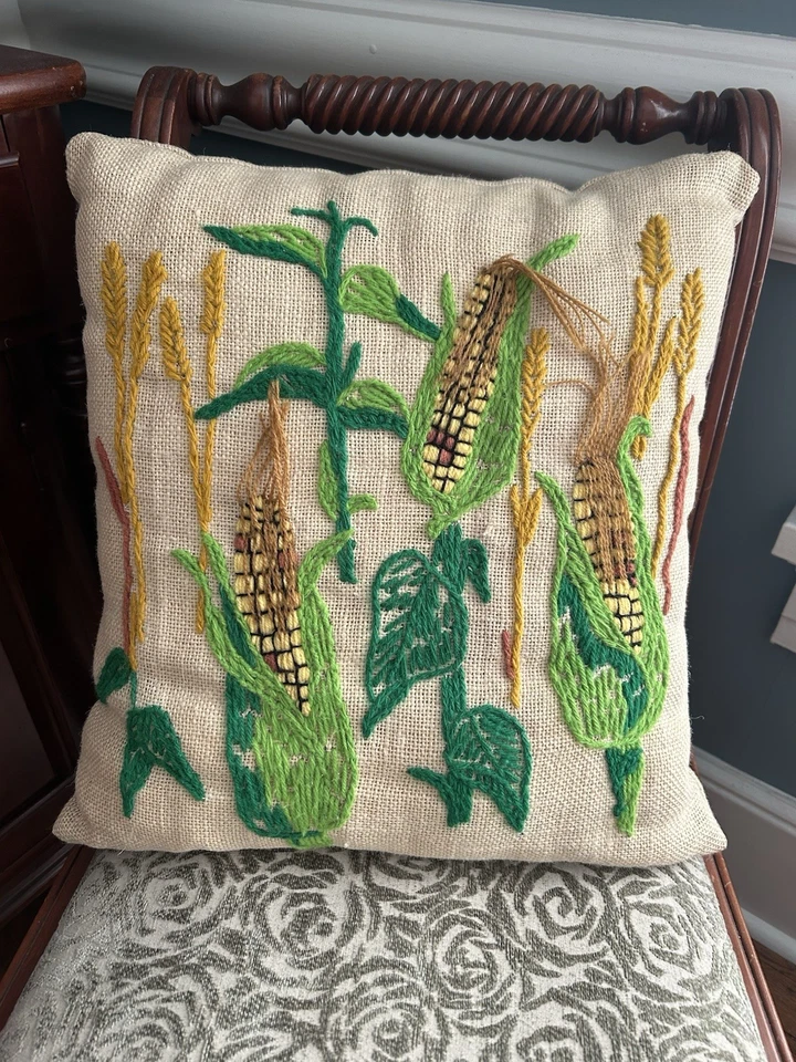 Handsewn Crewel Embroidered Corn Pillow Feed Sack Pillow Cover 15" x 17" - Image 1 of 4