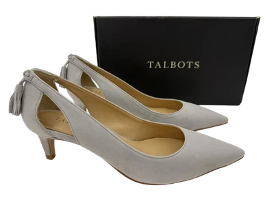 $139 Talbots NEW Eri Tasseled Cut Out Grey Leather Womens 7.5 Kitten Heels Pumps - Image 1 of 4