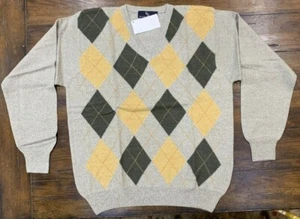 Men's Sweater Argyle Beige Green Yellow V Neck Long Sleeve XL Wool - Cotton - Picture 1 of 12