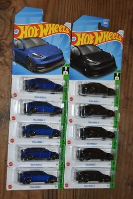 LOTE DE 10 HOTWHEELS TESLA MODELO Y'S AZUL Y NEGRO 3/10 HW VERDE VELOCIDAD 15/250 Foto 1 de 4