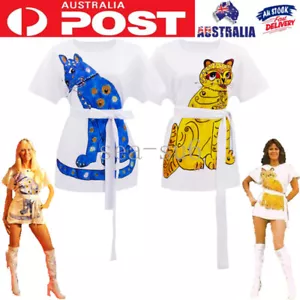 Abba Frida Agnetha Ladies 80s Costume 70s Yellow Or Blue Cat Dress Dancing Queen - Bild 1 von 22