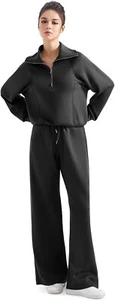 SUUKSESS Women 2 Piece Lounge Matching Set Wide Leg Sweatpant Half Zip Sweatshir - Picture 1 of 6