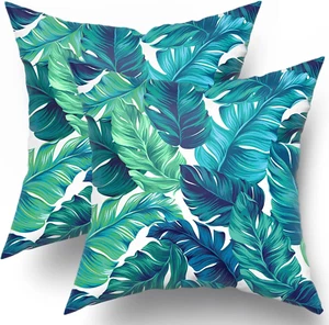 Tropical Leaves Pillow Covers 16X16 Inch Summer Decorative Green Palm Leaf Throw - Picture 1 of 12