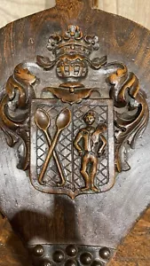 18th Century Elm Bellows Carved Crest Probably Irish 3 Leaf Clover 2 Spoons Ect - Picture 1 of 15