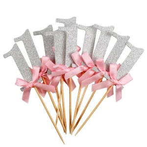 10 pcs Number One 1st Silver Glitter Paper Cake Cupcake Topper Pink Ribbon Baby  - Picture 1 of 3