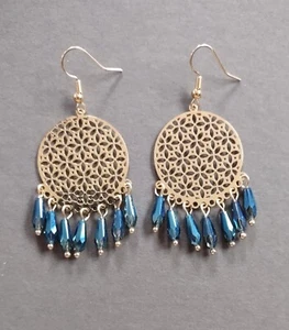 Earrings Handmade Gold Chandelier Round Iridescent Blue Drop Dangle - Picture 1 of 1